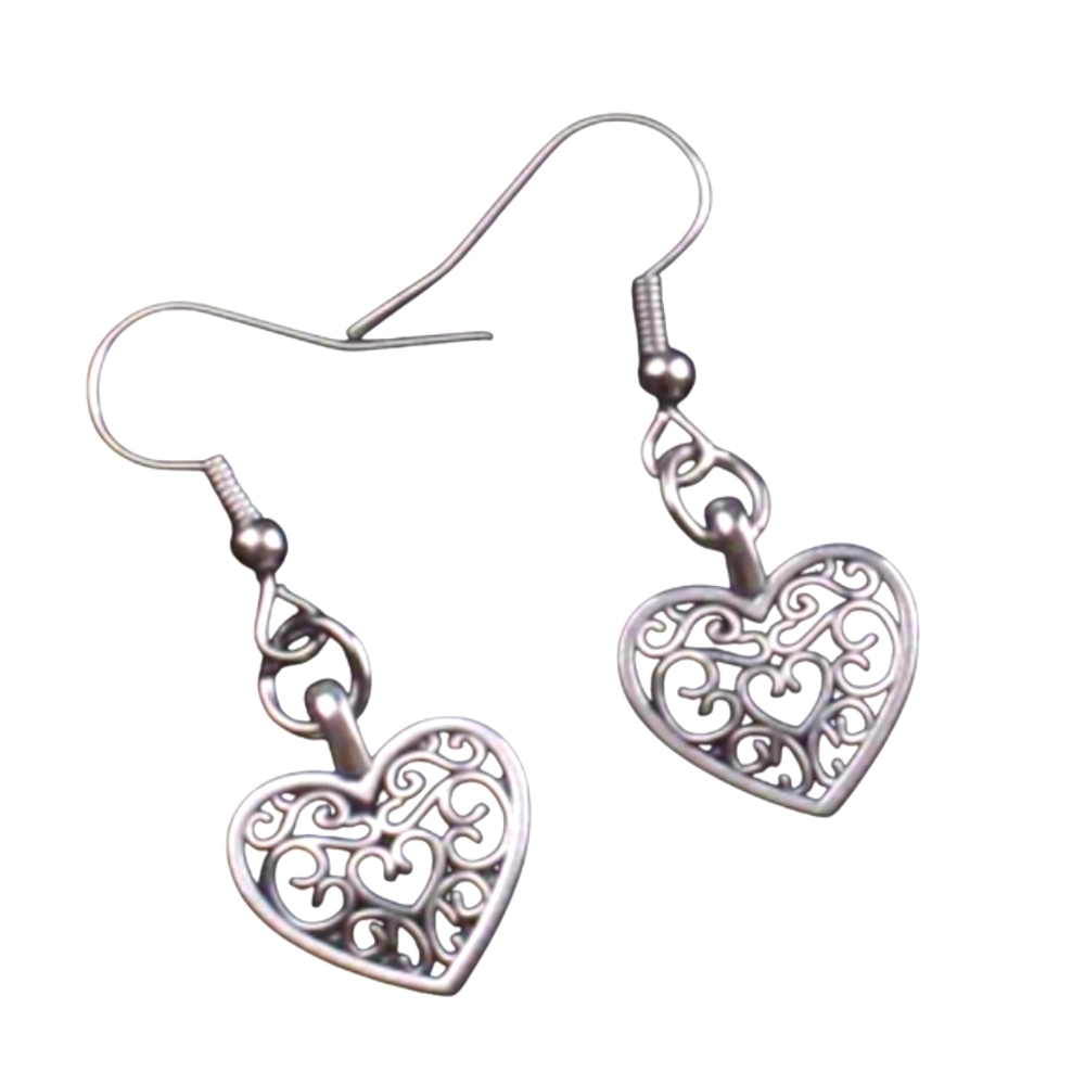 Silver Heart Retro Dangle Earrings NEW